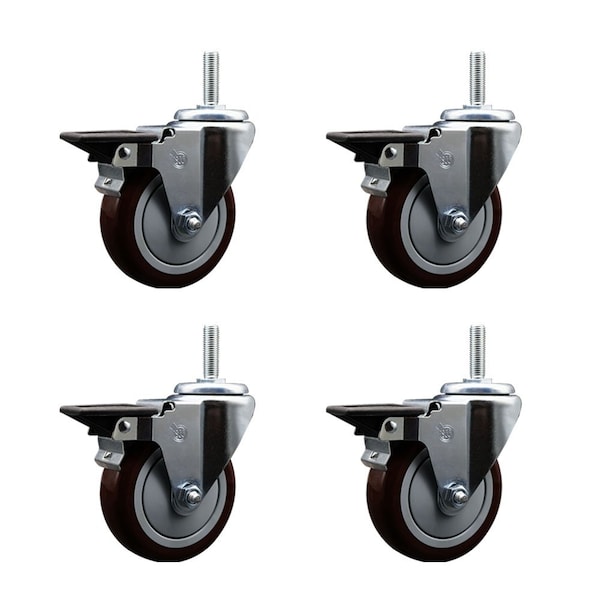 Service Caster 4 Inch Maroon Polyurethane Wheel Swivel 34 Inch Threaded Stem Caster Set with Brake SCC SCC-TS20S414-PPUB-MRN-PLB-34212-4 - main